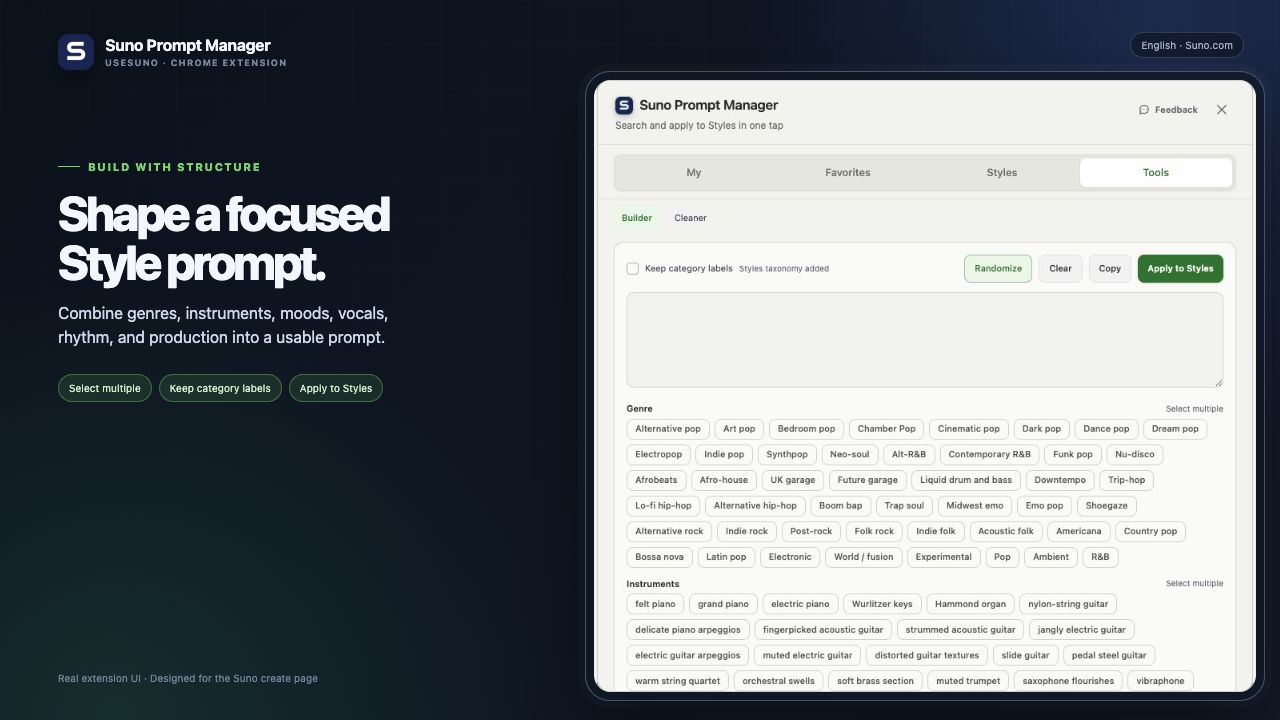 Suno Prompt Manager Prompt Builder with genre, instrument, mood, vocal, and production choices