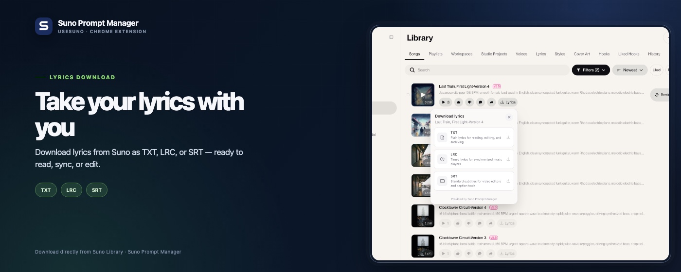 Suno Prompt Manager lyrics download menu open in Suno Library with TXT, LRC, and SRT options