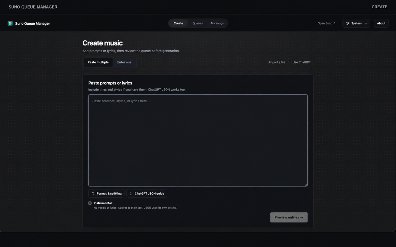 Suno Queue Manager Create workspace with batch input and a review-before-queue action