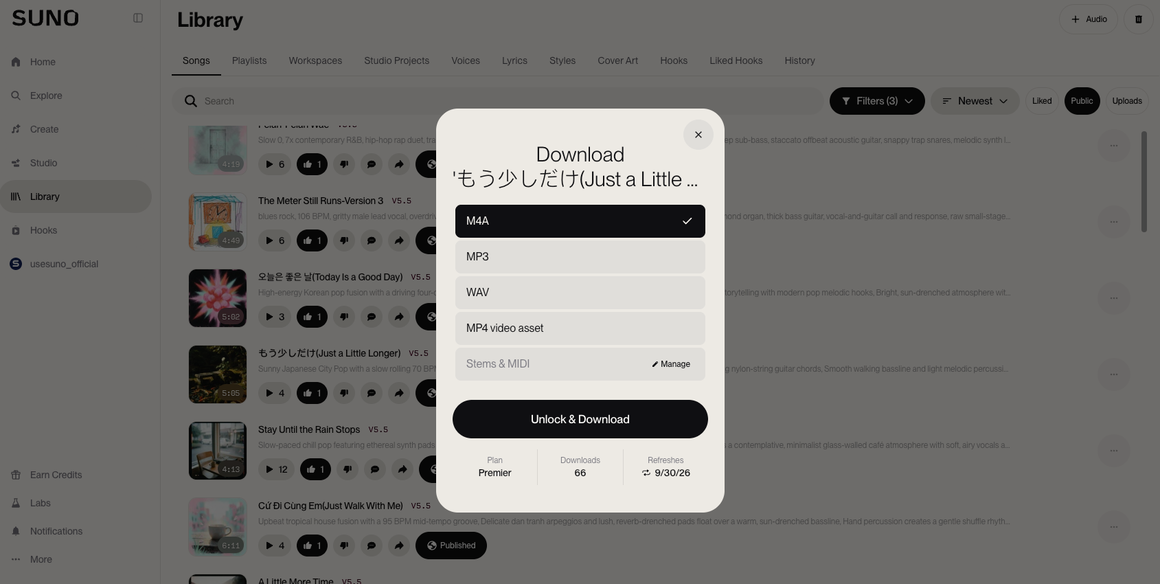 Suno Library download dialog showing M4A, MP3, WAV, MP4 video asset, Stems & MIDI, and an Unlock & Download button