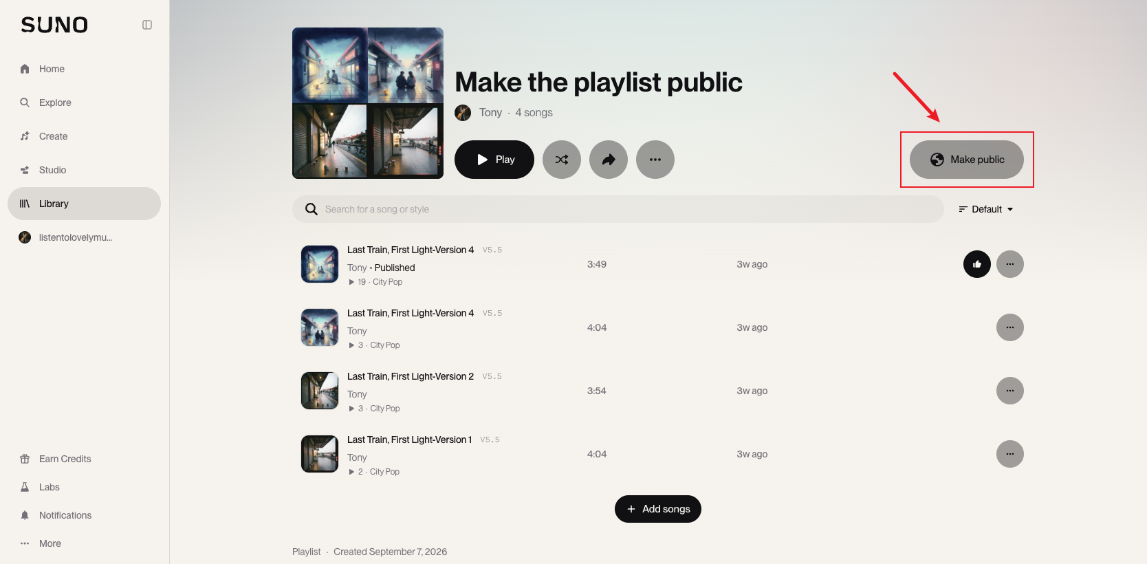 Suno desktop playlist page with the Make public button highlighted