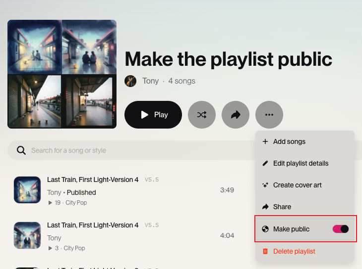 Suno desktop playlist menu with the Make public toggle highlighted