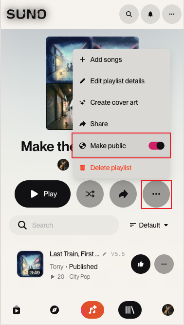 Suno mobile playlist menu with the three-dot button and Make public toggle highlighted